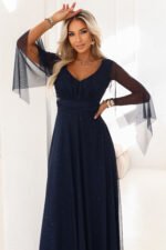 655-3 A long, shimmering dress with a neckline and transparent sleeves - navy blue-5