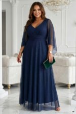 655-3 A long, shimmering dress with a neckline and transparent sleeves - navy blue-9