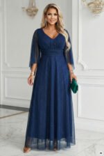 655-3 A long, shimmering dress with a neckline and transparent sleeves - navy blue-10