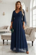 655-3 A long, shimmering dress with a neckline and transparent sleeves - navy blue-7