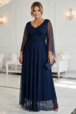 655-3 A long, shimmering dress with a neckline and transparent sleeves - navy blue-11