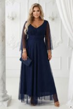 655-3 A long, shimmering dress with a neckline and transparent sleeves - navy blue-4