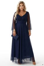 655-3 A long, shimmering dress with a neckline and transparent sleeves - navy blue-14