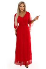 655-5 Long Light-Catching Shimmering Gown with Neckline and Sheer Sleeve - Red-7