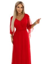 655-5 Long Light-Catching Shimmering Gown with Neckline and Sheer Sleeve - Red-9