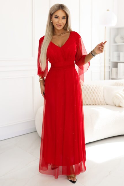 655-5 Long Light-Catching Shimmering Gown with Neckline and Sheer Sleeve - Red-1