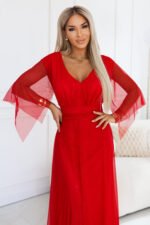 655-5 Long Light-Catching Shimmering Gown with Neckline and Sheer Sleeve - Red-3