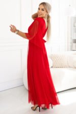 655-5 Long Light-Catching Shimmering Gown with Neckline and Sheer Sleeve - Red-2