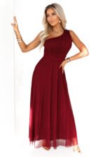656-1 Long, shiny, one-shoulder evening dress - burgundy-7