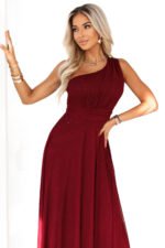 656-1 Long, shiny, one-shoulder evening dress - burgundy-8