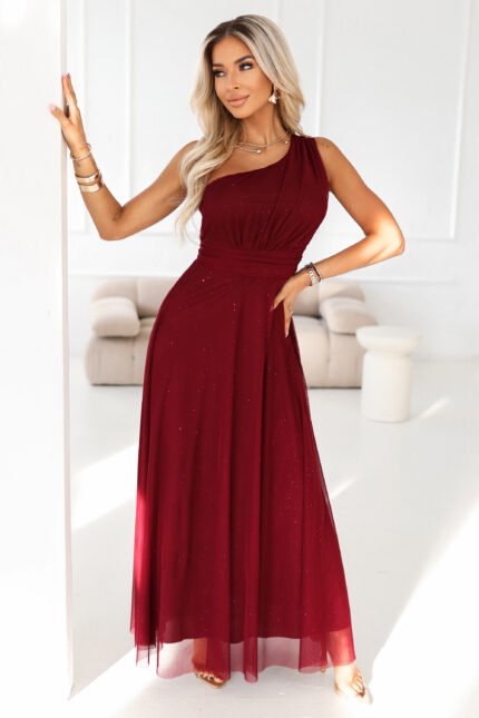 656-1 Long, shiny, one-shoulder evening dress - burgundy-1
