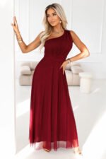 656-1 Long, shiny, one-shoulder evening dress - burgundy-1