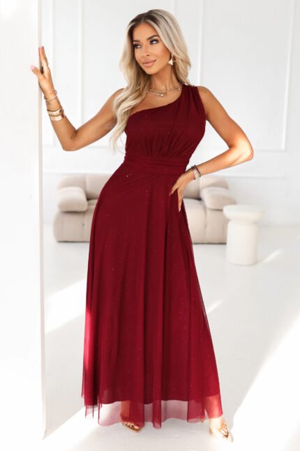 656-1 Long, shiny, one-shoulder evening dress - burgundy-1