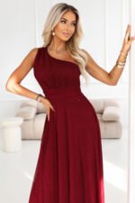 656-1 Long, shiny, one-shoulder evening dress - burgundy-4