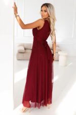 656-1 Long, shiny, one-shoulder evening dress - burgundy-3