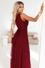 656-1 Long, shiny, one-shoulder evening dress - burgundy-5