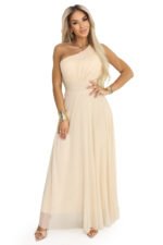 656-2 Long, sparkling, one-shoulder evening dress - champagne beige-10