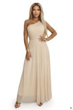 656-2 Long, sparkling, one-shoulder evening dress - champagne beige-12