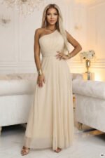 656-2 Long, sparkling, one-shoulder evening dress - champagne beige-6