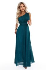 656-4 Long glittery evening dress with one shoulder - bottle green-9