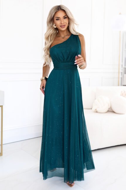 656-4 Long glittery evening dress with one shoulder - bottle green-1