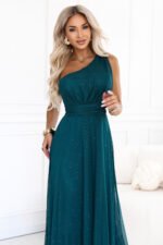 656-4 Long glittery evening dress with one shoulder - bottle green-5