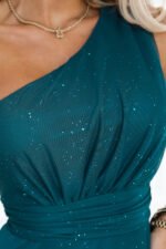 656-4 Long glittery evening dress with one shoulder - bottle green-8