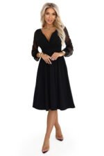 657-1 Elegant midi dress with a wrap neckline and tulle sleeves - black-6