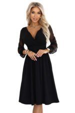 657-1 Elegant midi dress with a wrap neckline and tulle sleeves - black-7