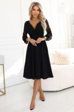 657-1 Elegant midi dress with a wrap neckline and tulle sleeves - black-3