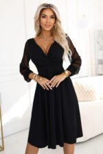 657-1 Elegant midi dress with a wrap neckline and tulle sleeves - black-4