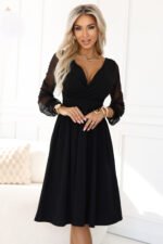657-1 Elegant midi dress with a wrap neckline and tulle sleeves - black-1