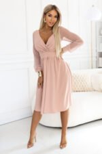 657-2 Elegant midi dress with wrap neckline and tulle sleeves - beige-2