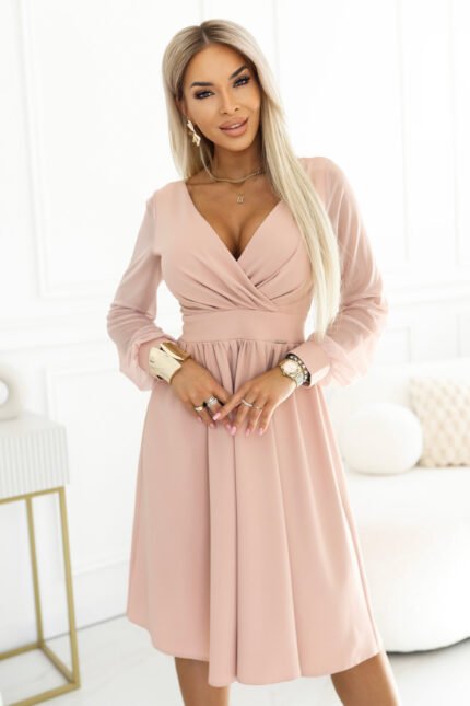 657-2 Elegant midi dress with wrap neckline and tulle sleeves - beige-1