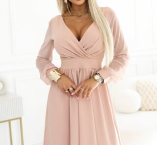 657-2 Elegant midi dress with wrap neckline and tulle sleeves - beige-1