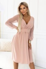 657-2 Elegant midi dress with wrap neckline and tulle sleeves - beige-5
