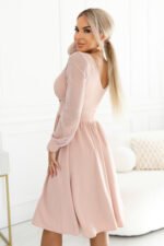 657-2 Elegant midi dress with wrap neckline and tulle sleeves - beige-3