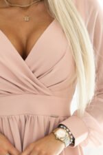 657-2 Elegant midi dress with wrap neckline and tulle sleeves - beige-7