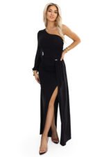 658-1 Shimmering glitter one-shoulder maxi dress with asymmetric sleeves and slit - black-12