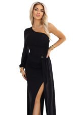 658-1 Shimmering glitter one-shoulder maxi dress with asymmetric sleeves and slit - black-14