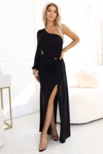 658-1 Shimmering glitter one-shoulder maxi dress with asymmetric sleeves and slit - black-3