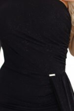 658-1 Shimmering glitter one-shoulder maxi dress with asymmetric sleeves and slit - black-10