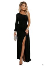 658-1 Shimmering glitter one-shoulder maxi dress with asymmetric sleeves and slit - black-11