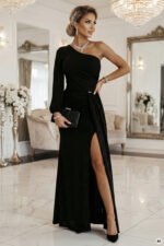 658-1 Shimmering glitter one-shoulder maxi dress with asymmetric sleeves and slit - black-5