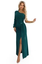 658-2 Shimmering glitter one-shoulder maxi dress with asymmetric sleeves and slit - bottle green-7