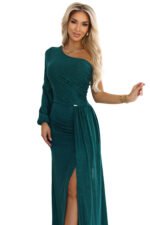 658-2 Shimmering glitter one-shoulder maxi dress with asymmetric sleeves and slit - bottle green-8