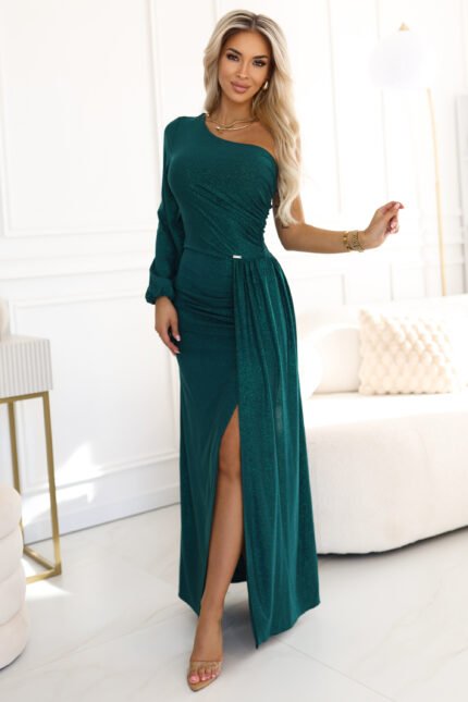 658-2 Shimmering glitter one-shoulder maxi dress with asymmetric sleeves and slit - bottle green-1