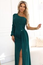 658-2 Shimmering glitter one-shoulder maxi dress with asymmetric sleeves and slit - bottle green-5