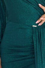 658-2 Shimmering glitter one-shoulder maxi dress with asymmetric sleeves and slit - bottle green-6