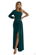 658-2 Shimmering glitter one-shoulder maxi dress with asymmetric sleeves and slit - bottle green-12